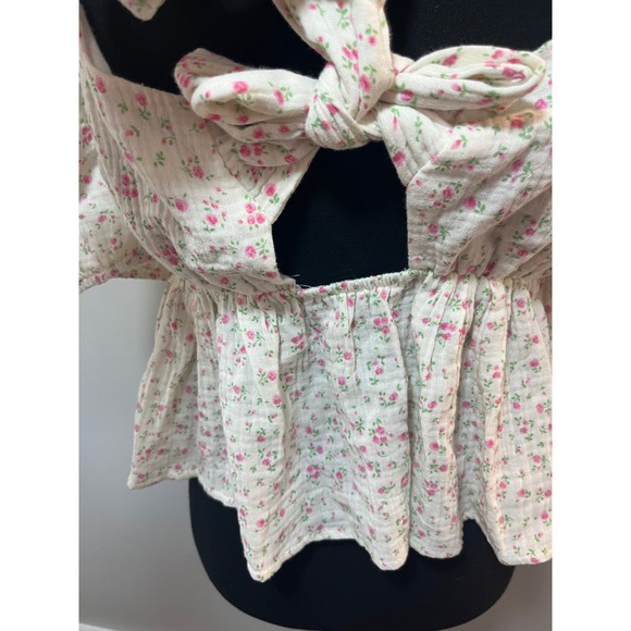 Altar'd State Floral Peplum Top Puff Sleeve Tie Back Pink Ivory Blouse M - Picture 10 of 10